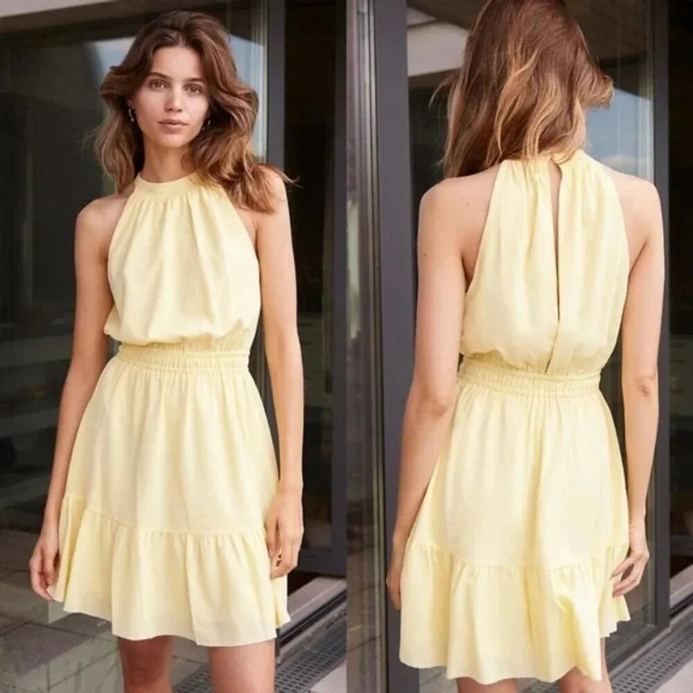 Aritzia Wilfred Effet Halter  Ruffle Dress Light Yellow Size Small